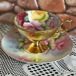 Antique Kyokuto Hand Painted Tea Cup & Saucer